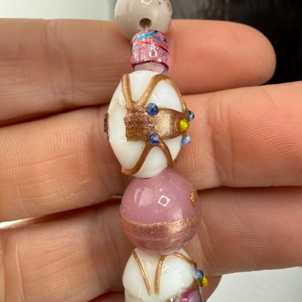 Vintage Lampwork Glass Bracelet Pink Wedding Cake Beaded Toggle 6.5in